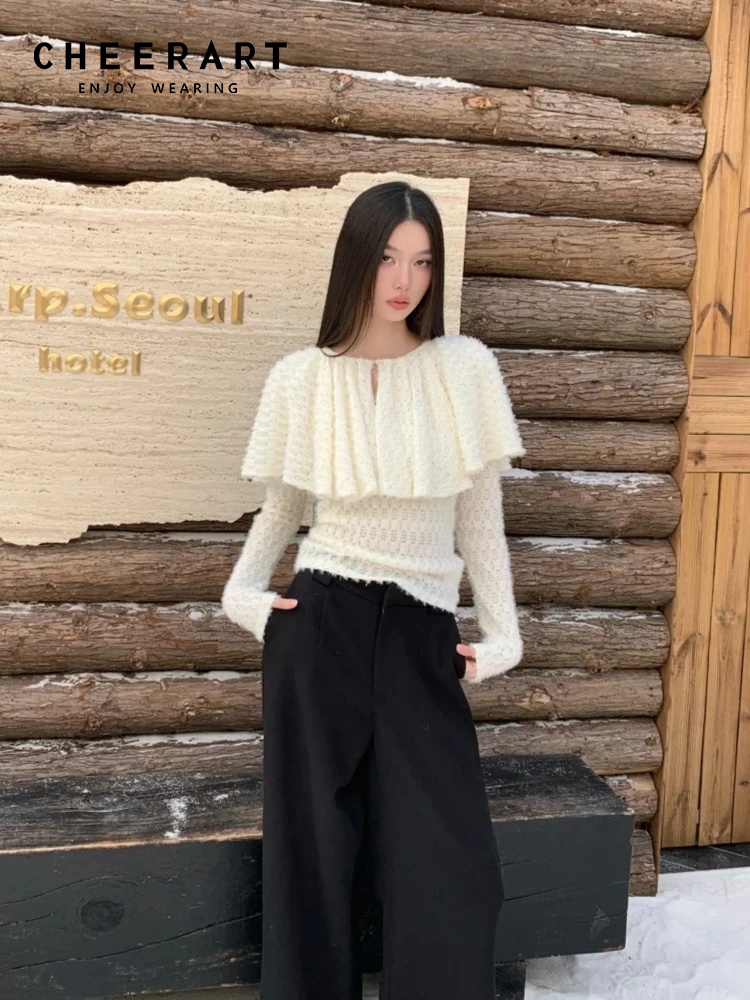 Street Fashion Winter 2026 - CHEERART Designerska Peleryna Długi Rękaw Dzianinowa