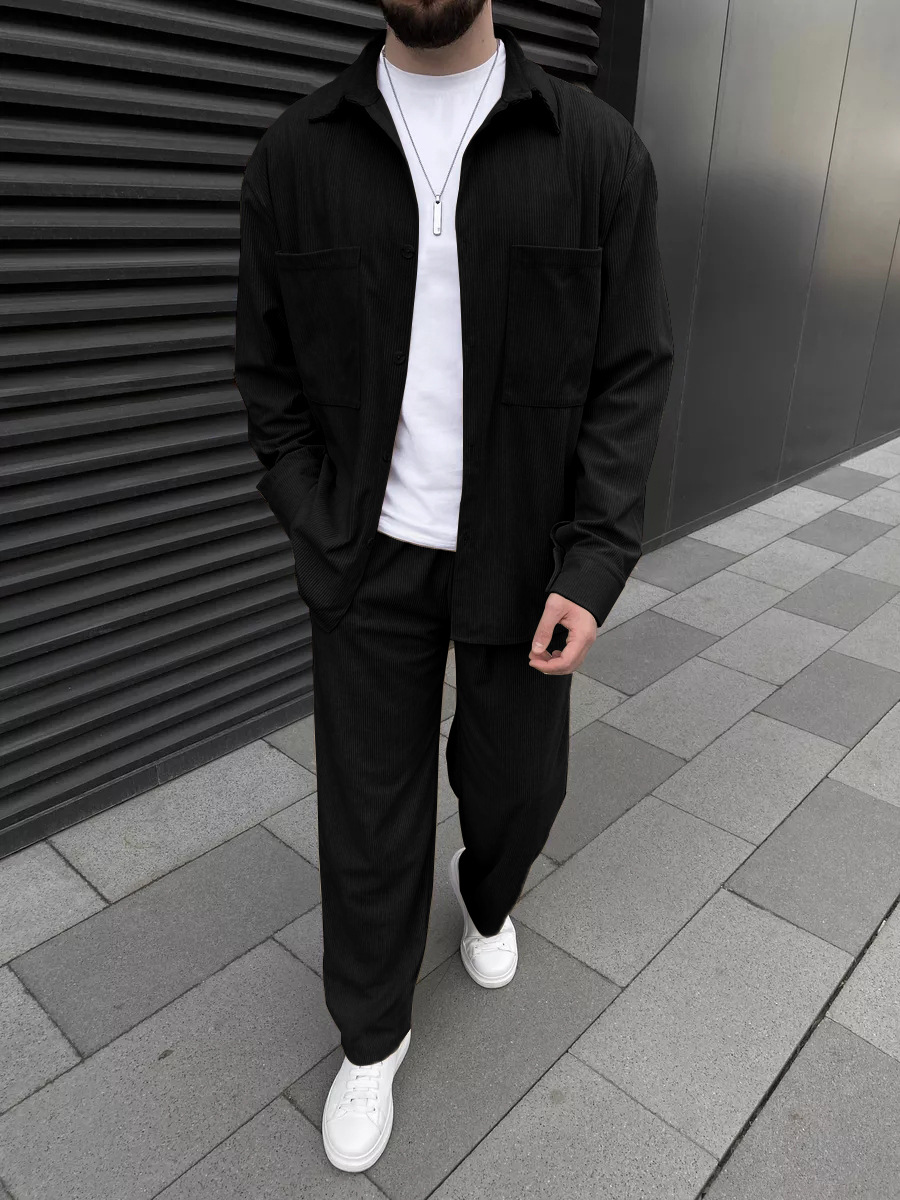 Street Fashion Casual - Męski dwuczęściowy komplet z sztruksu: koszula