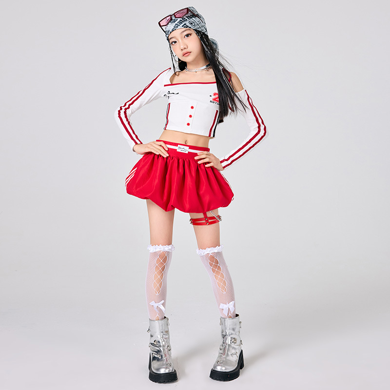 Street Fashion Kpop - Dziewczęce ubrania hip-hopowe Biały top Czerwona