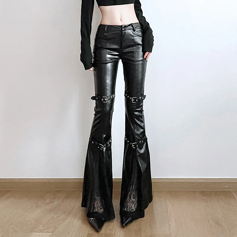 Street Fashion Y2K - Damskie spodnie dzwony z ekoskóry, gotyckie